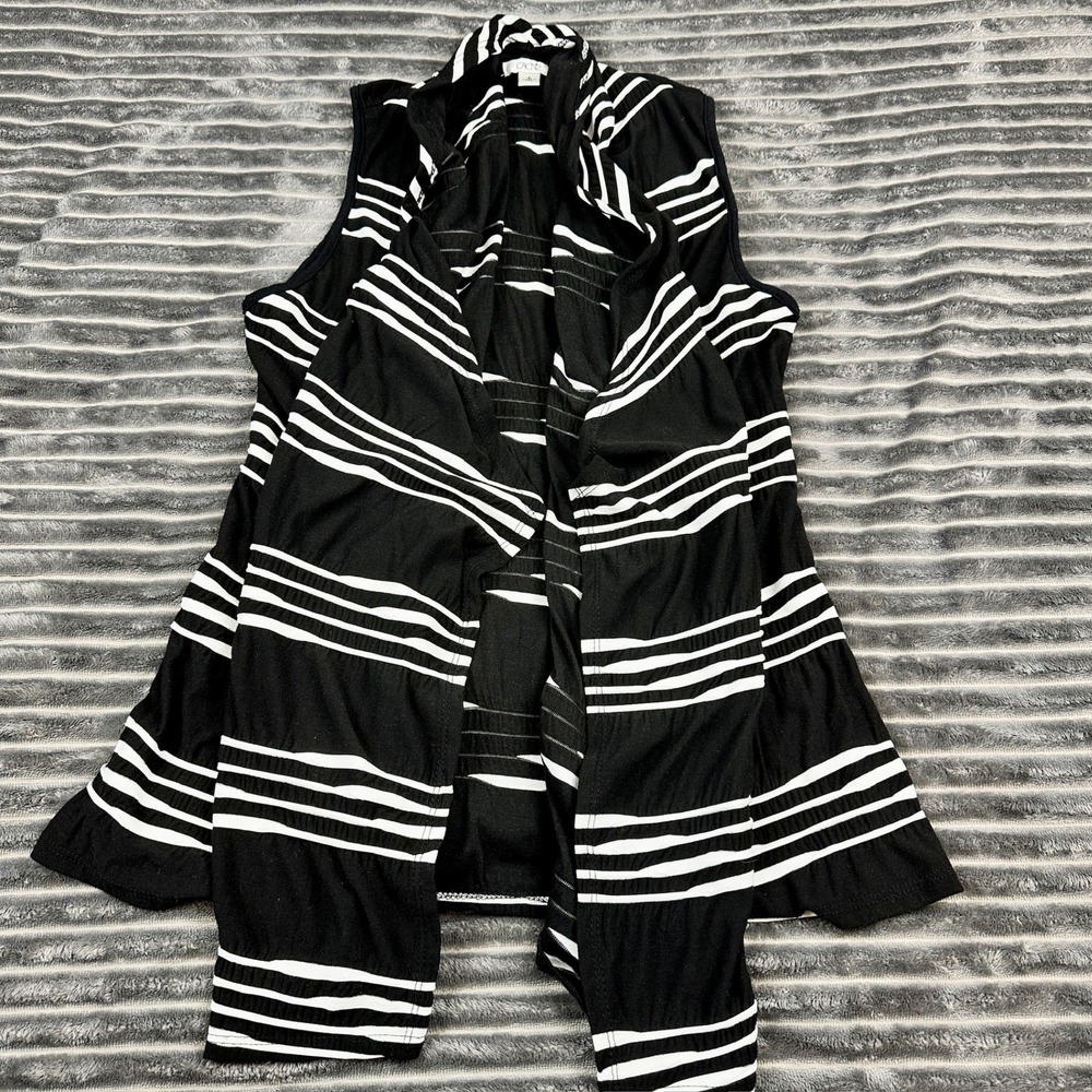 VNTG Cache Womens Small Black White Striped  Open Front Draped Vest Cardigan USA